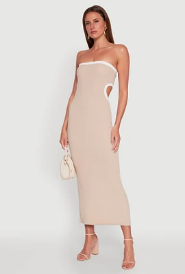 Womens Contrast Trim Cut Out Back Tube Dress, Beige, Size S