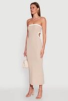 Womens Contrast Trim Cut Out Back Tube Dress, Beige, Size S