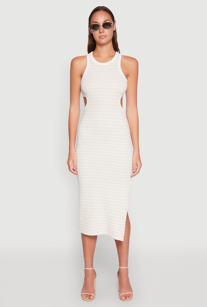 Womens Striped Cut Out Midi Tank Dress, L