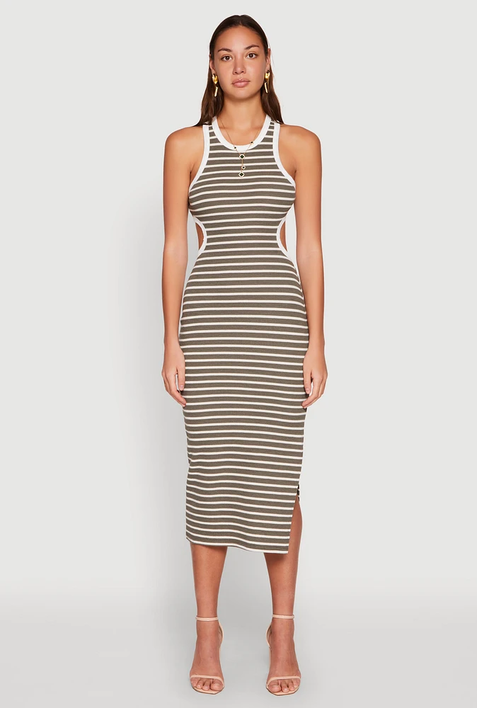 Womens Striped Cut Out Midi Tank Dress,