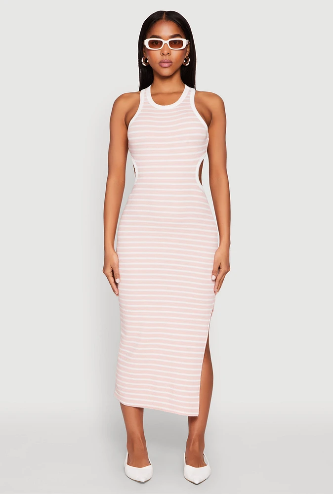 Womens Striped Cut Out Midi Tank Dress, Pink, Size XL