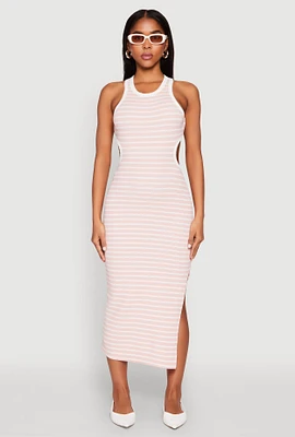 Womens Striped Cut Out Midi Tank Dress, Pink, Size XL