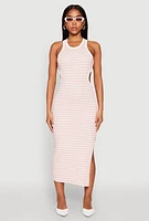 Womens Striped Cut Out Midi Tank Dress, Pink, Size XL