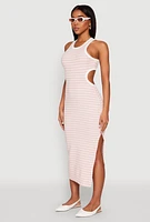 Womens Striped Cut Out Midi Tank Dress, Pink, Size XL