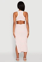 Womens Striped Cut Out Midi Tank Dress, Pink, Size XL
