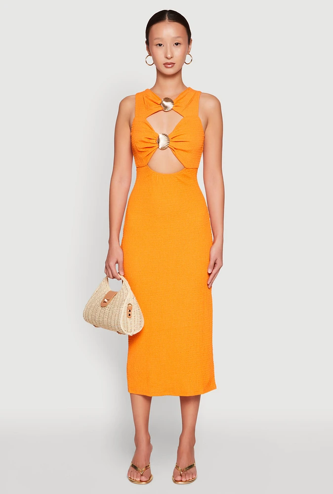 Womens Metallic Seashell Cut Out Midi Dress, Orange, Size M