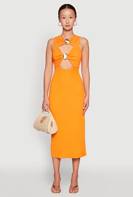 Womens Metallic Seashell Cut Out Midi Dress, Orange, Size M