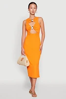Womens Metallic Seashell Cut Out Midi Dress, Orange, Size M