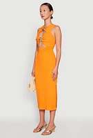 Womens Metallic Seashell Cut Out Midi Dress, Orange, Size M
