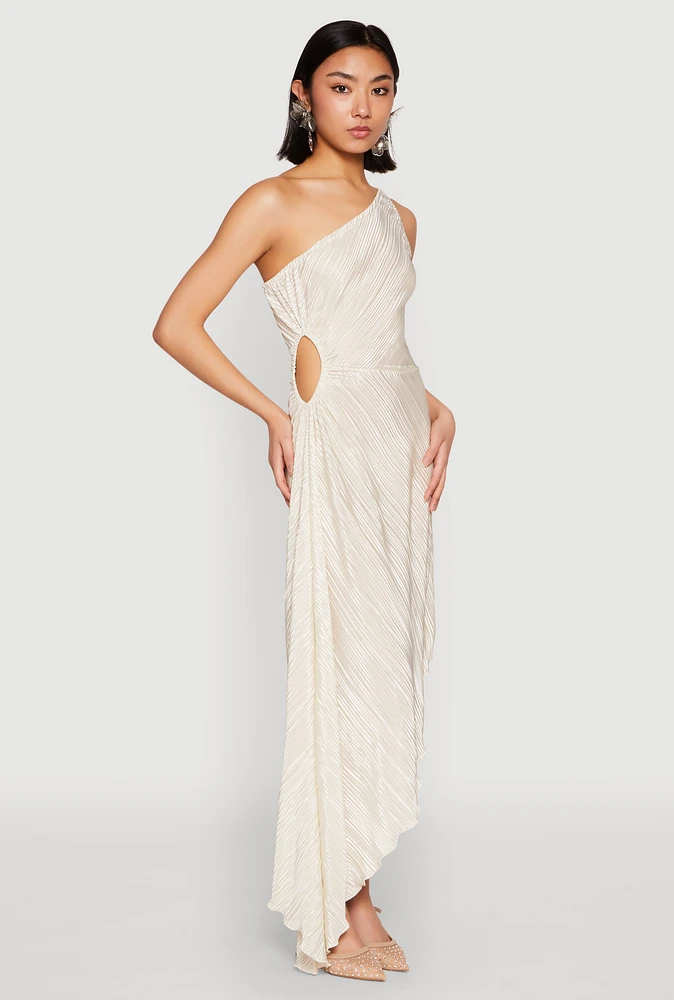 Womens Plisse One Shoulder Asymmetrical Dress, S