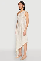 Womens Plisse One Shoulder Asymmetrical Dress, S