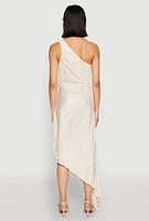 Womens Plisse One Shoulder Asymmetrical Dress, S