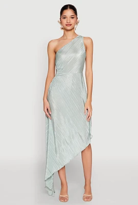 Womens Plisse One Shoulder Asymmetrical Dress, Blue, Size M