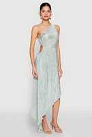 Womens Plisse One Shoulder Asymmetrical Dress, Blue, Size M