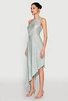 Womens Plisse One Shoulder Asymmetrical Dress, Blue, Size M