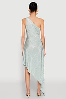 Womens Plisse One Shoulder Asymmetrical Dress, Blue, Size M