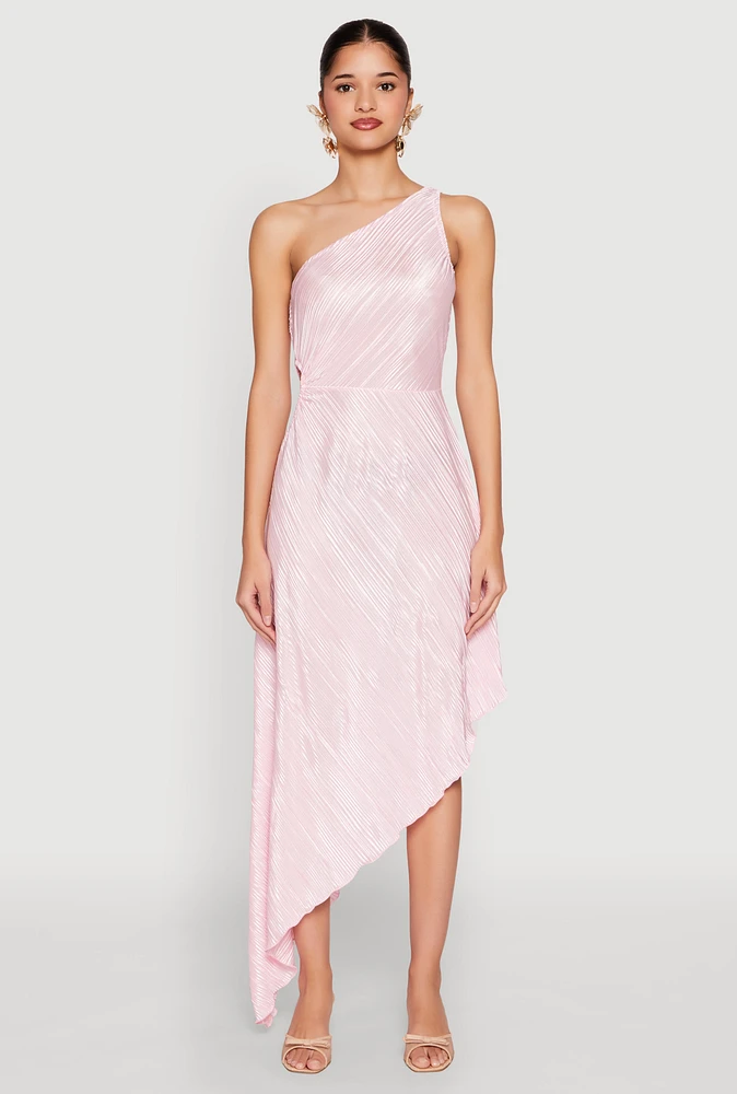 Womens Plisse One Shoulder Asymmetrical Dress, Pink, Size S