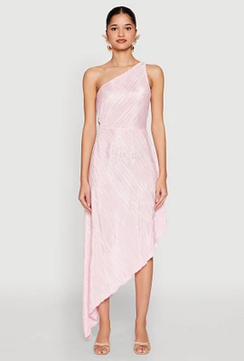 Womens Plisse One Shoulder Asymmetrical Dress, Pink, Size S