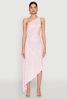 Womens Plisse One Shoulder Asymmetrical Dress, Pink, Size S