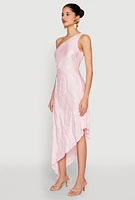 Womens Plisse One Shoulder Asymmetrical Dress, Pink, Size S