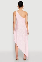 Womens Plisse One Shoulder Asymmetrical Dress, Pink, Size S