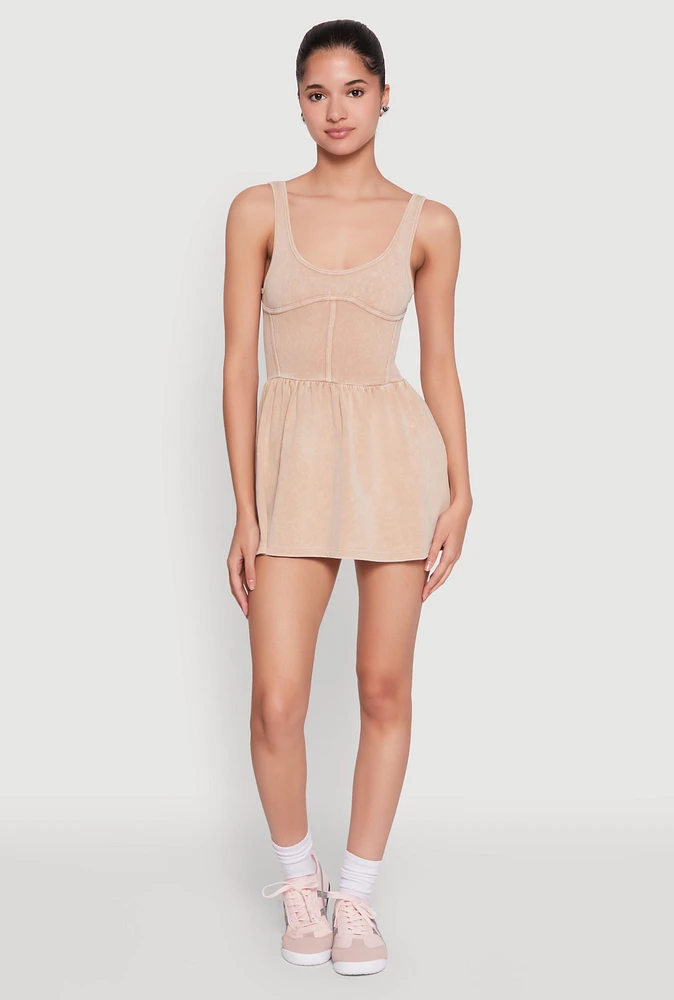 Womens Acid Wash Corset Skater Dress, Beige, Size M-L