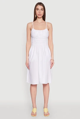 Womens Smocked Waist Poplin Midi Dress, White, Size M
