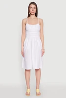 Womens Smocked Waist Poplin Midi Dress, White, Size M