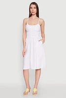 Womens Smocked Waist Poplin Midi Dress, White, Size M