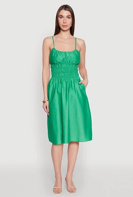 Womens Smocked Waist Poplin Midi Dress, Green, Size M