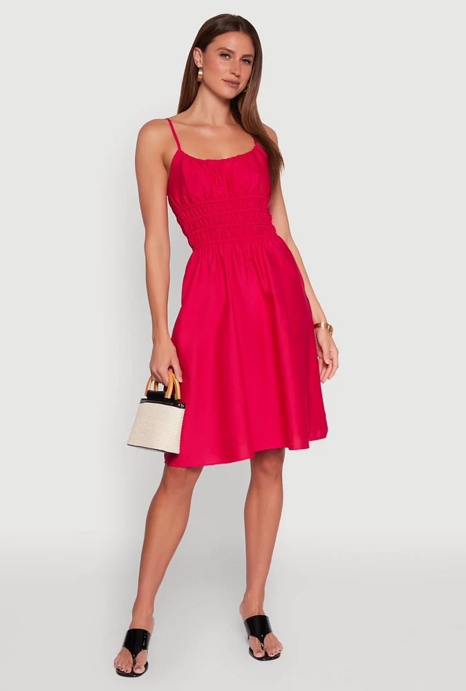 Womens Smocked Waist Poplin Midi Dress, Pink, Size XL