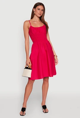 Womens Smocked Waist Poplin Midi Dress, Pink, Size XL