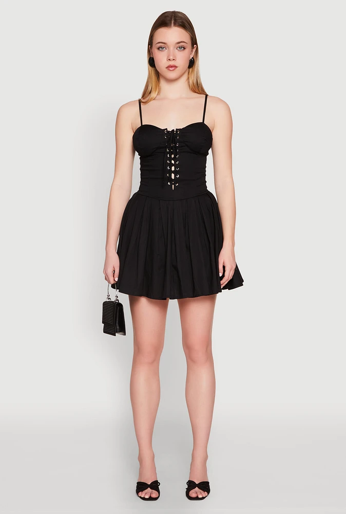 Womens Lace Up Bustier Skater Dress, Black, Size M