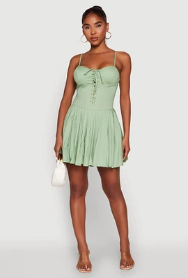 Womens Lace Up Bustier Skater Dress, Green,