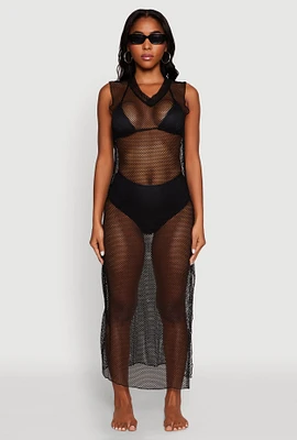 Womens V Neck Side Slit Fishnet Cover Up Dress, Black, Size L