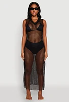 Womens V Neck Side Slit Fishnet Cover Up Dress, Black, Size L