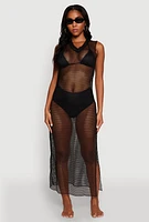 Womens V Neck Side Slit Fishnet Cover Up Dress, Black, Size L