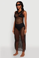 Womens V Neck Side Slit Fishnet Cover Up Dress, Black, Size L