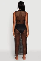 Womens V Neck Side Slit Fishnet Cover Up Dress, Black, Size L