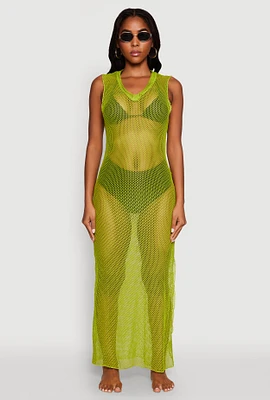 Womens V Neck Side Slit Fishnet Cover Up Dress,