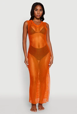 Womens V Neck Side Slit Fishnet Cover Up Dress,
