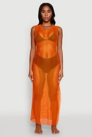 Womens V Neck Side Slit Fishnet Cover Up Dress,