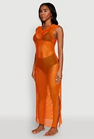 Womens V Neck Side Slit Fishnet Cover Up Dress,