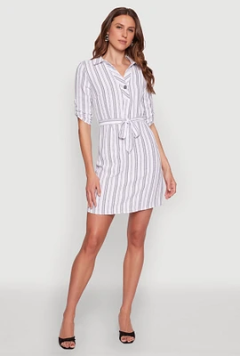 Womens Airy Striped Tie Waist Mini Shirt Dress, White, Size L
