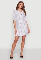 Womens Airy Striped Tie Waist Mini Shirt Dress, White, Size L