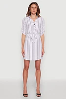 Womens Airy Striped Tie Waist Mini Shirt Dress, White, Size L