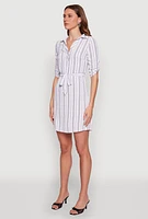Womens Airy Striped Tie Waist Mini Shirt Dress, White,
