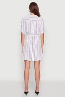 Womens Airy Striped Tie Waist Mini Shirt Dress, White,
