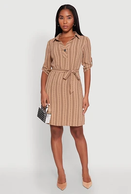 Womens Airy Striped Tie Waist Mini Shirt Dress,