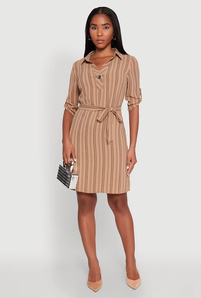 Womens Airy Striped Tie Waist Mini Shirt Dress,